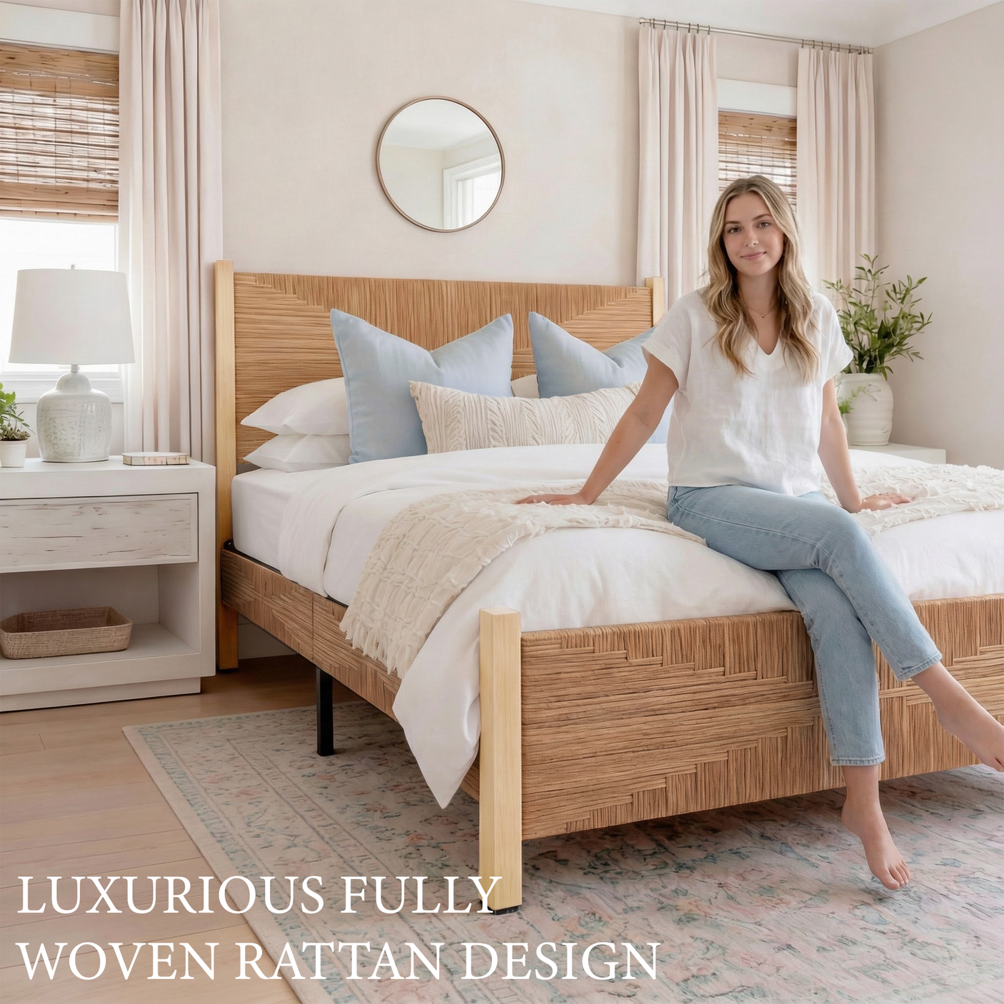 Yechen Solid Wood Rattan Bed Frame | Tall Headboard, Boho Mid-Century Style, No Box Spring Needed