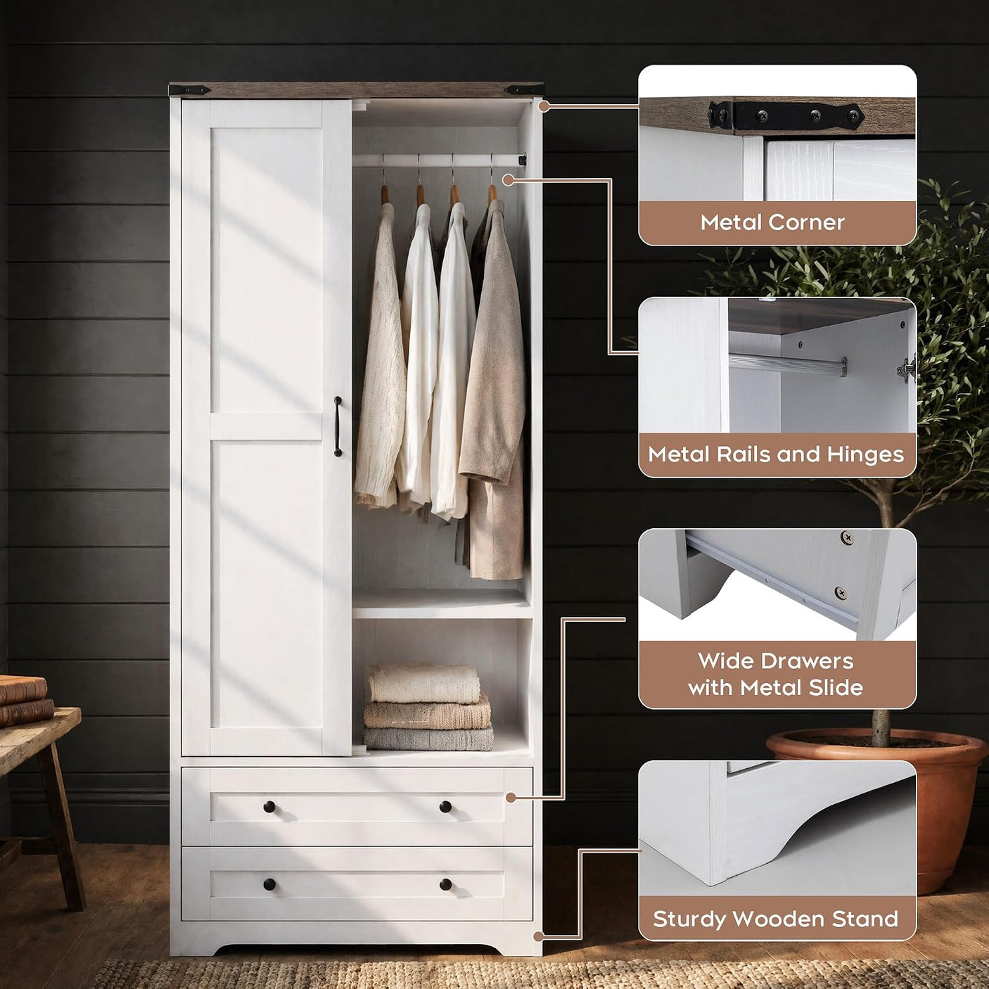 Yechen 71" Armoire Wardrobe Closet with Hanging Rod, Adjustable Shelves & 2 Drawers — White