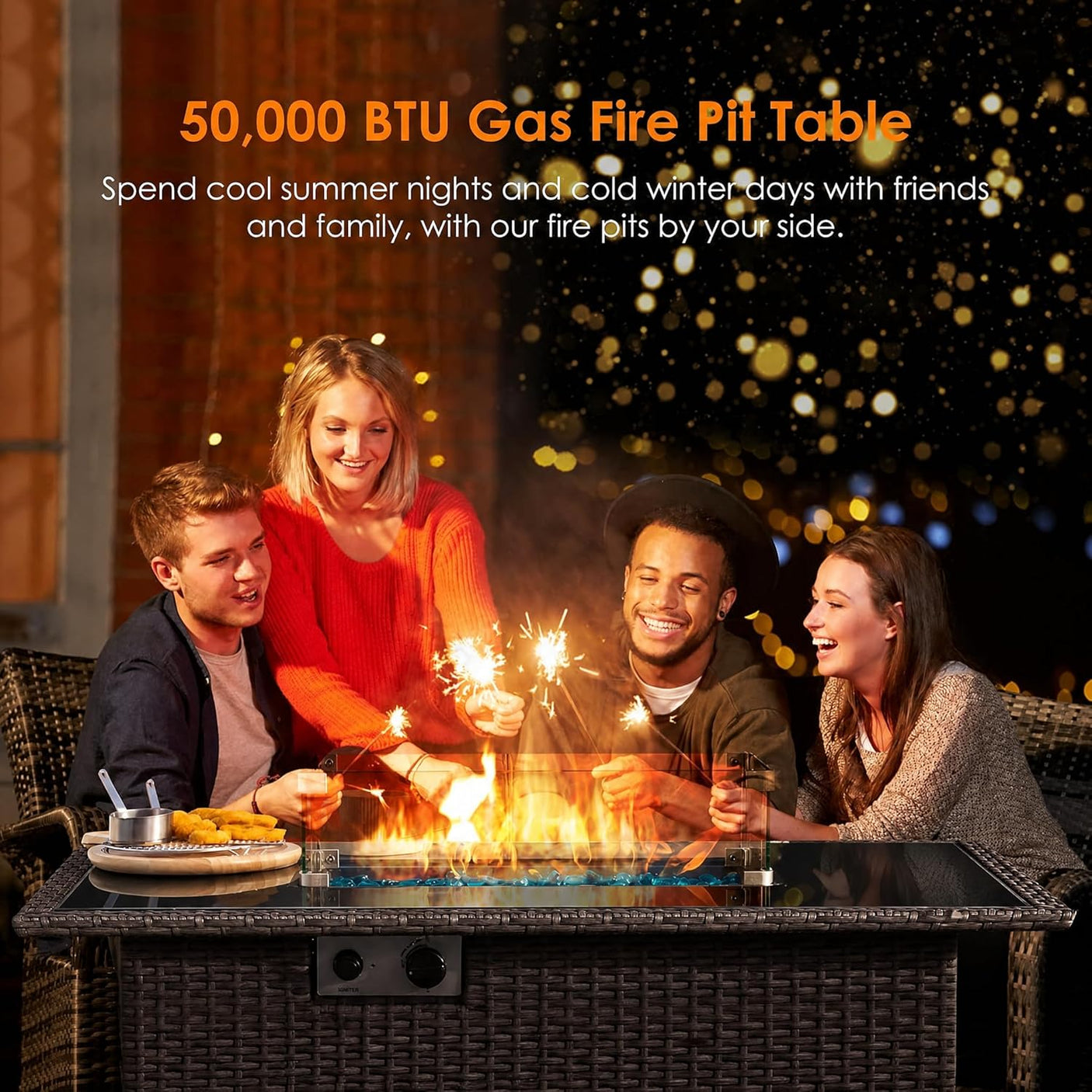 44" Propane Fire Pit Table, 50,000 BTU Outdoor Wicker Gas Fire Table with Glass Wind Guard & Auto Ignition, ETL Certified, Light Brown
