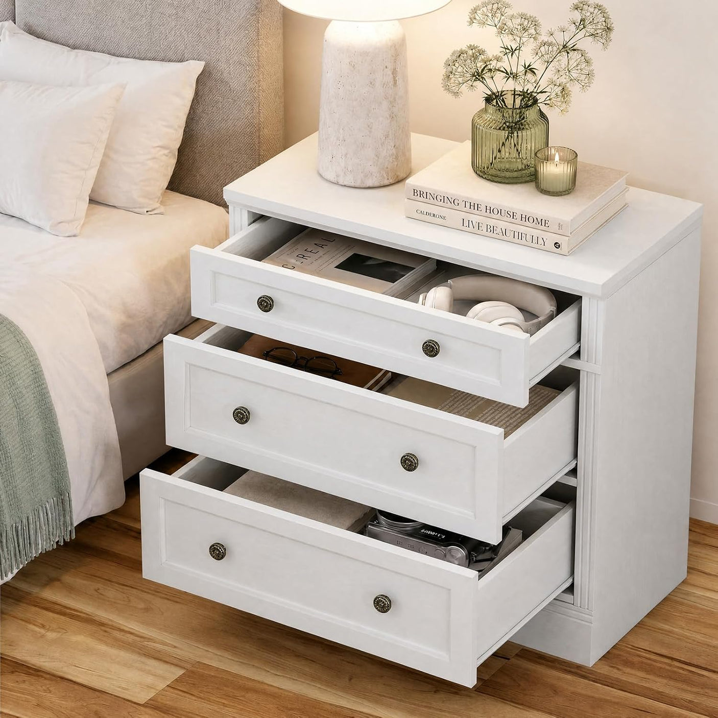 31.5" Oversized Nightstand with 3 Drawers | Light Oak, Ivory White & Walnut