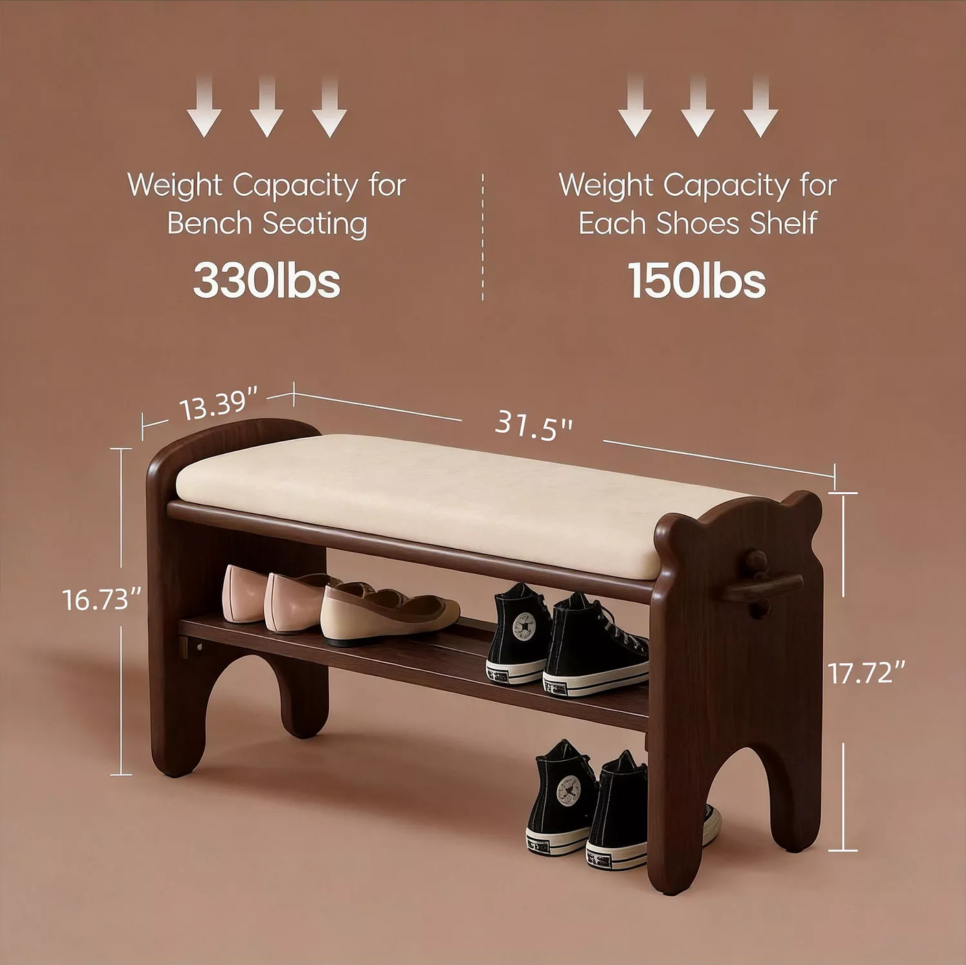Yechen Bear Shoe Bench, Solid Wood Entryway Bench with Cushion & 2-Tier Shoe Rack
