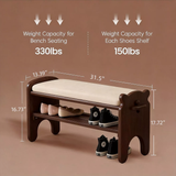 Yechen Bear Shoe Bench, Solid Wood Entryway Bench with Cushion & 2-Tier Shoe Rack