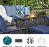9-Piece Outdoor Patio Furniture Set with 44" Propane Fire Pit Table, 360° Swivel Chairs & 3-in-1 Ottomans, Blue Wicker Conversation Set