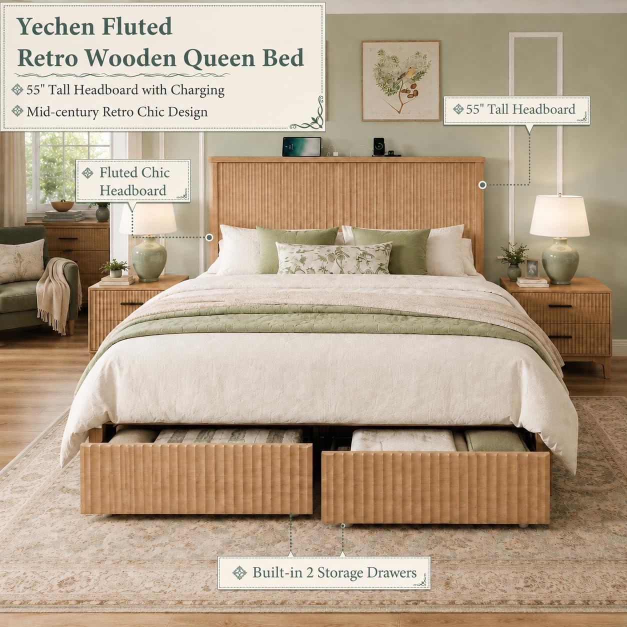 Boho Bed Frame with 55" Tall Fluted Headboard, Storage Drawers & Charging Station | Full & Queen