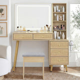 Rattan Makeup Vanity Set with Lighted Mirror & Stool | 43.3" | 5 Drawers | Charging Station | Natural Wood or Mint