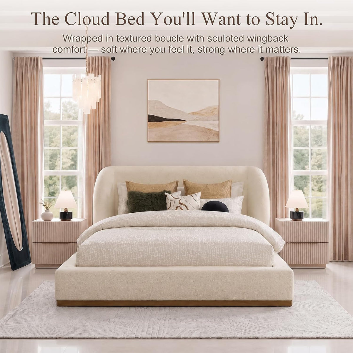 Yechen Bouclé Cloud Bed Frame, Queen & King, Standard or Lift-Up Storage