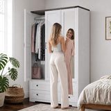 Yechen 71" 3-Door Wooden Armoire Wardrobe Closet with Mirror, 4 Drawers & Adjustable Shelves | White Farmhouse Bedroom Cabinet
