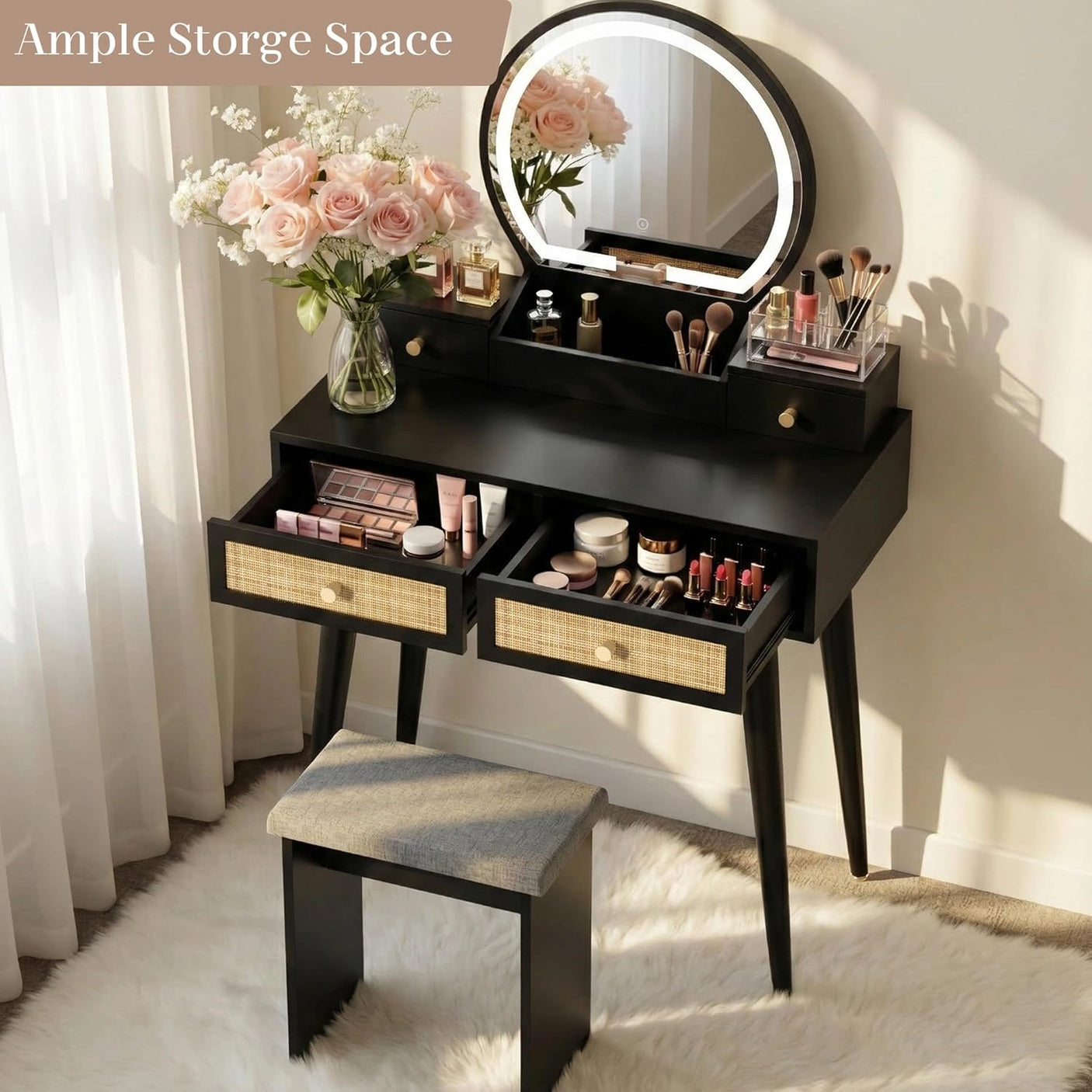 30" Vintage Makeup Vanity Table Set with Flip-Top Mirror & Rattan Drawers, Compact Dressing Table with Padded Stool