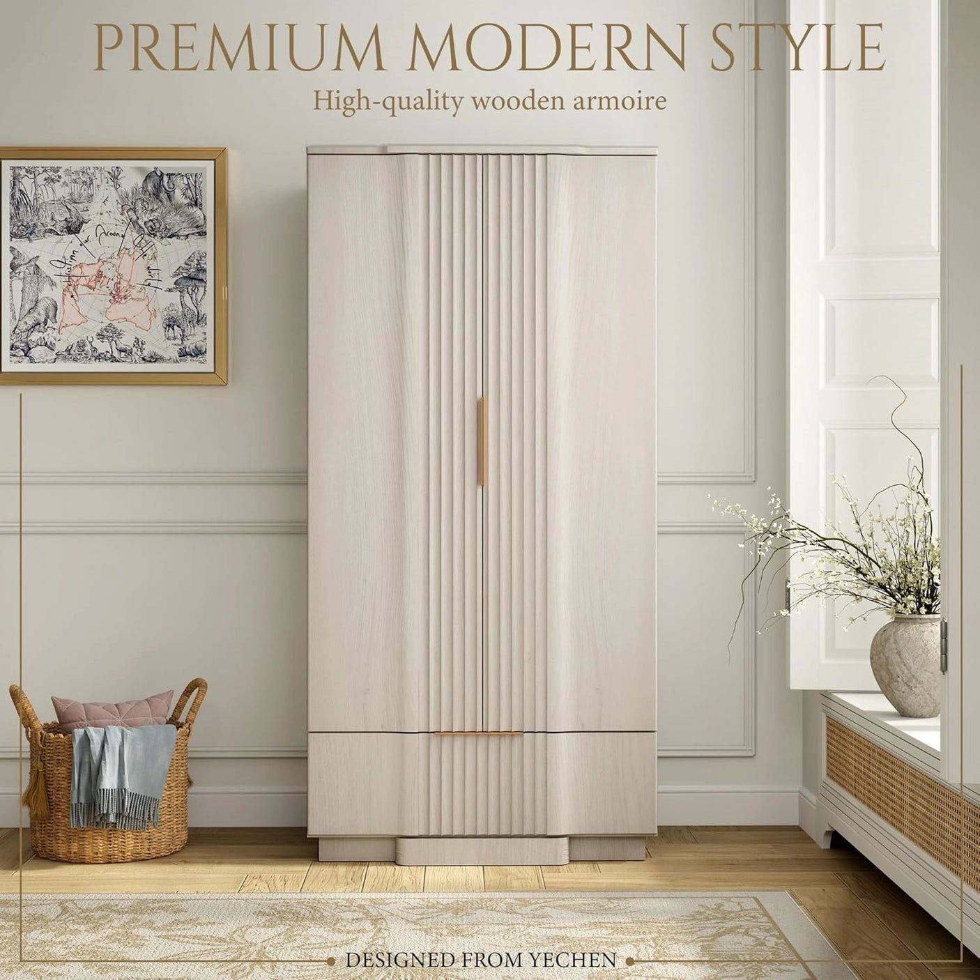 Yechen 67" Fluted White Armoire Wardrobe with Doors & Drawer - Natural Wood Closet Cabinet