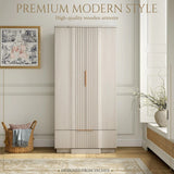 Yechen 67" Fluted White Armoire Wardrobe with Doors & Drawer - Natural Wood Closet Cabinet