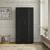 Yechen 67" Fluted Black Armoire Wardrobe with Doors & Drawer - Modern Wood Closet Cabinet
