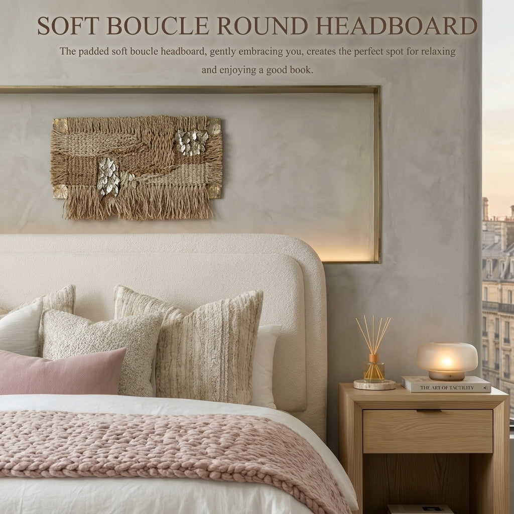 Cloud Boucle Bed Frame | Rounded Headboard, Solid Wood Legs, No Box Spring Needed