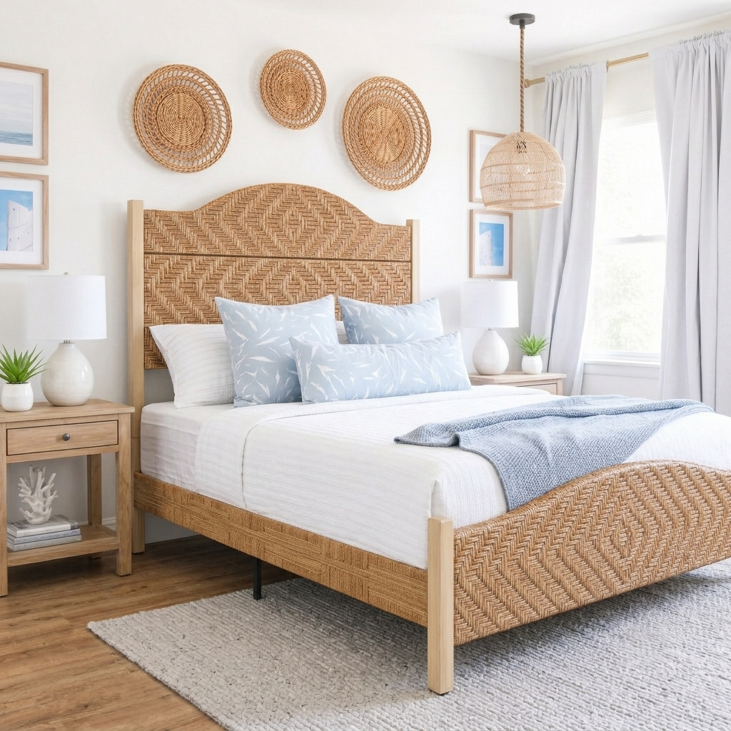 Yechen Rattan Bed Frame | Boho Tall Headboard with Solid Wood Legs