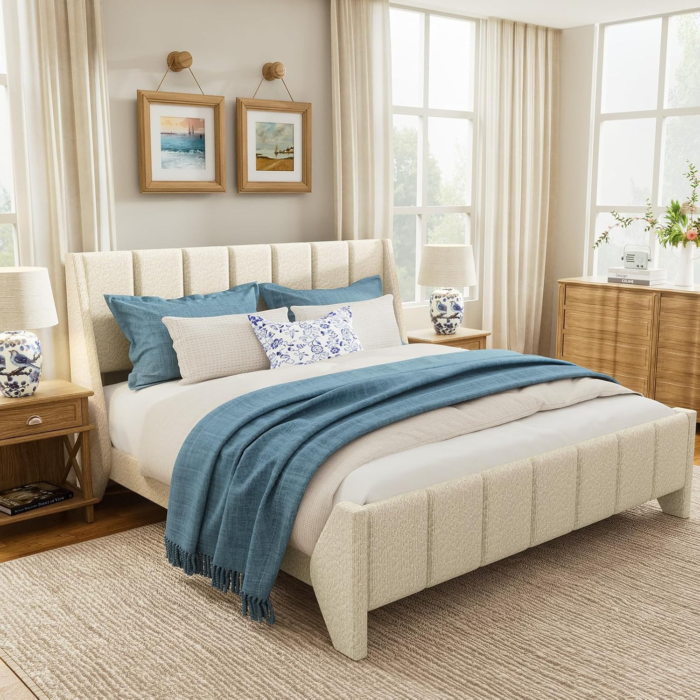 Yechen Boucle Wingback Bed Frame – Upholstered Enclosed Headboard, Full & Queen