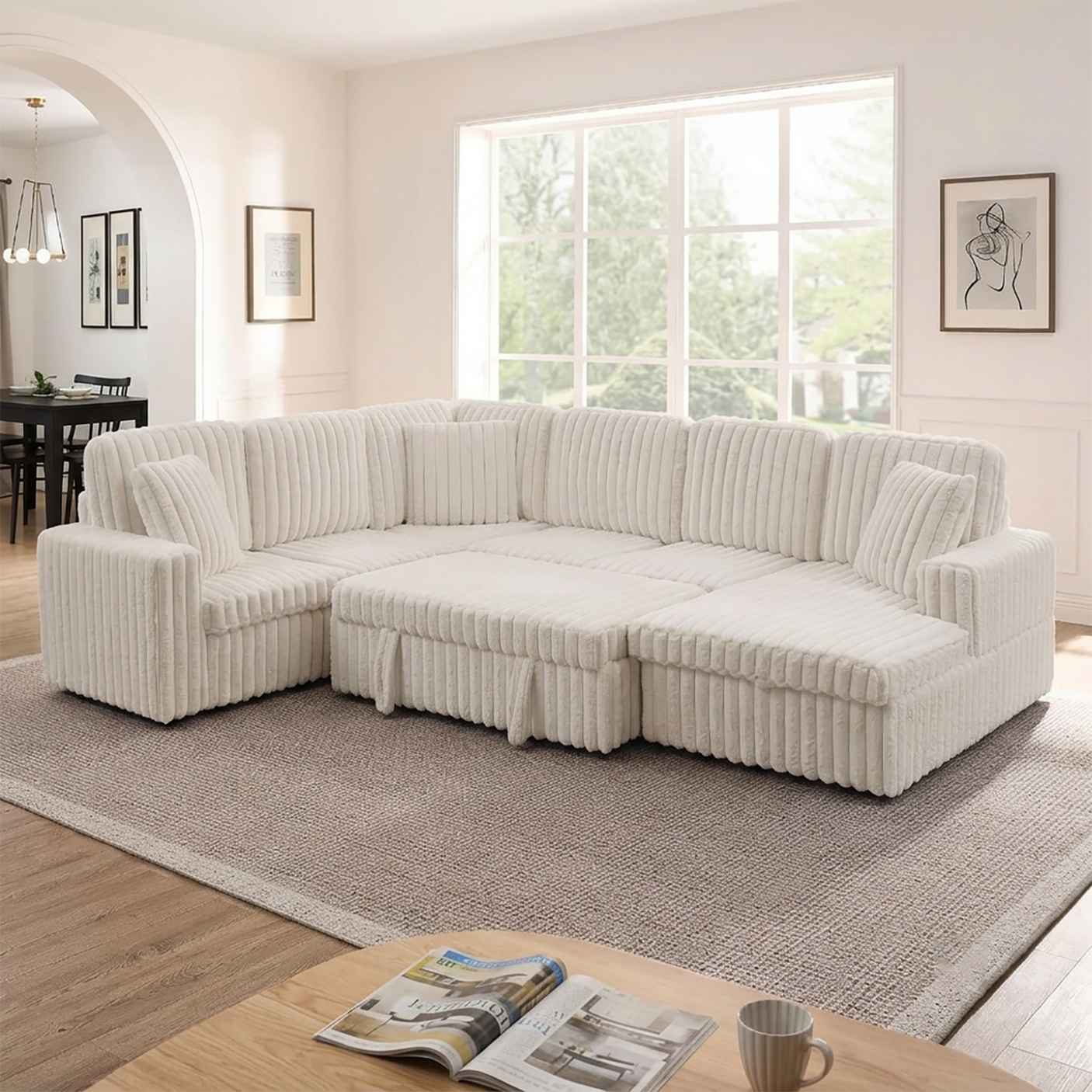 114" U-Shaped Sectional Sofa with Pull-Out Bed, Storage Chaise & USB Ports | Plush Corduroy, Seats 7
