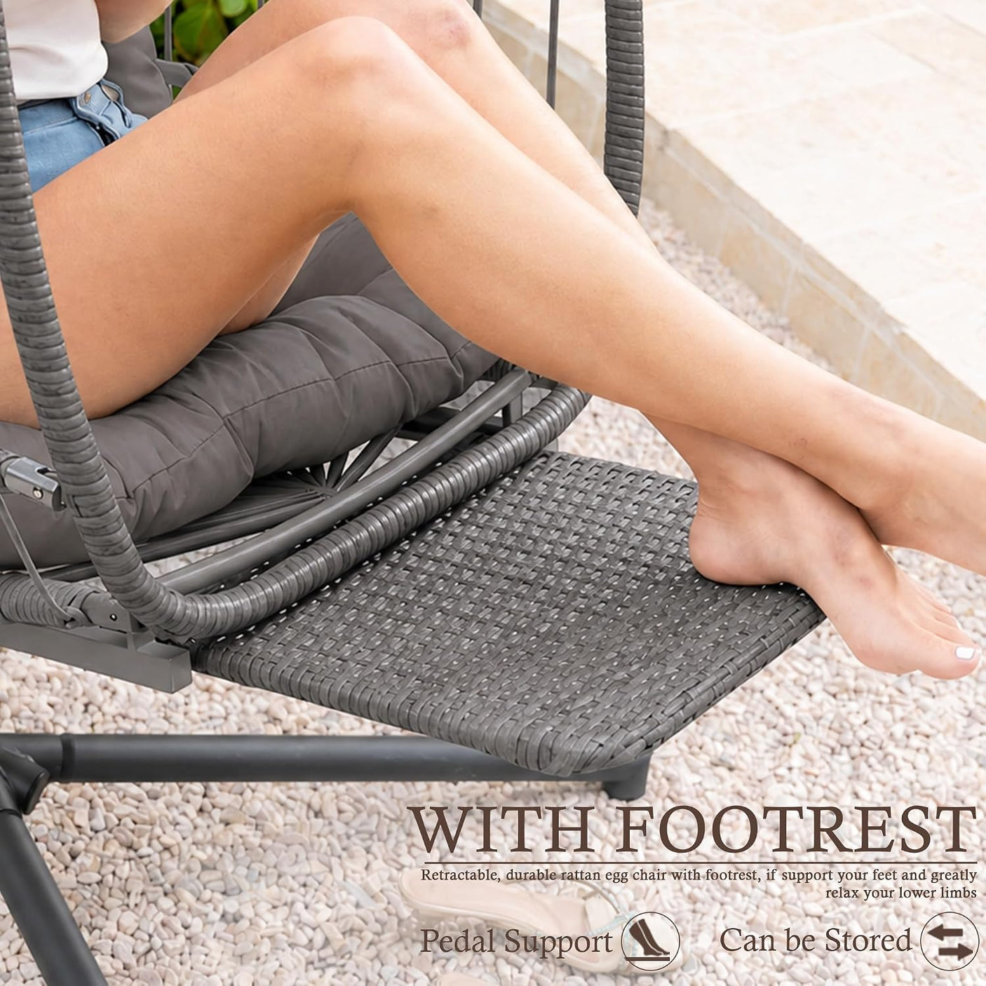 Egg Hanging Chair with Stand, Footrest & Cushion | Patio & Bedroom, Charcoal Grey