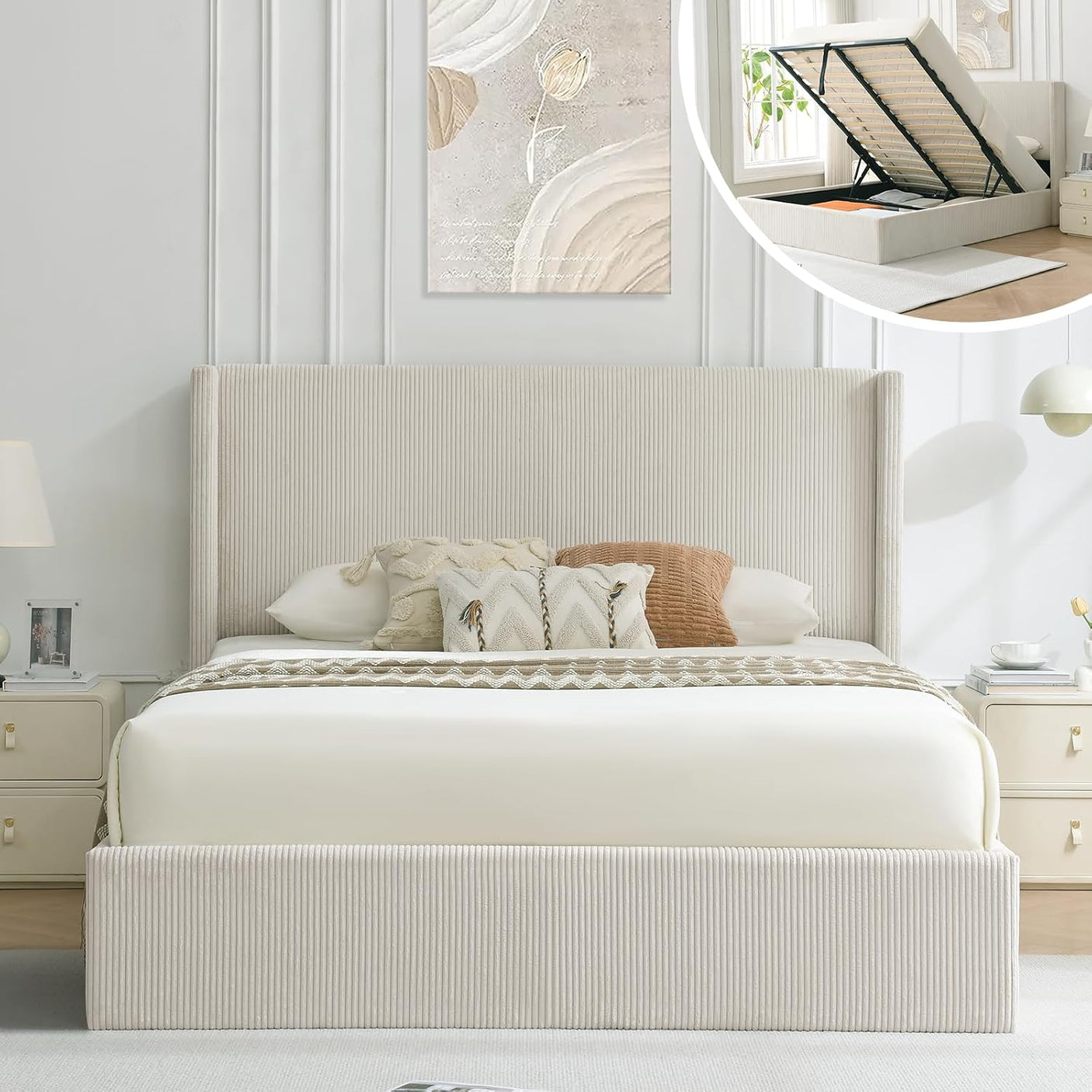 Yechen Hydraulic Lift Storage Bed 51.2" Tall Upholstered Headboard