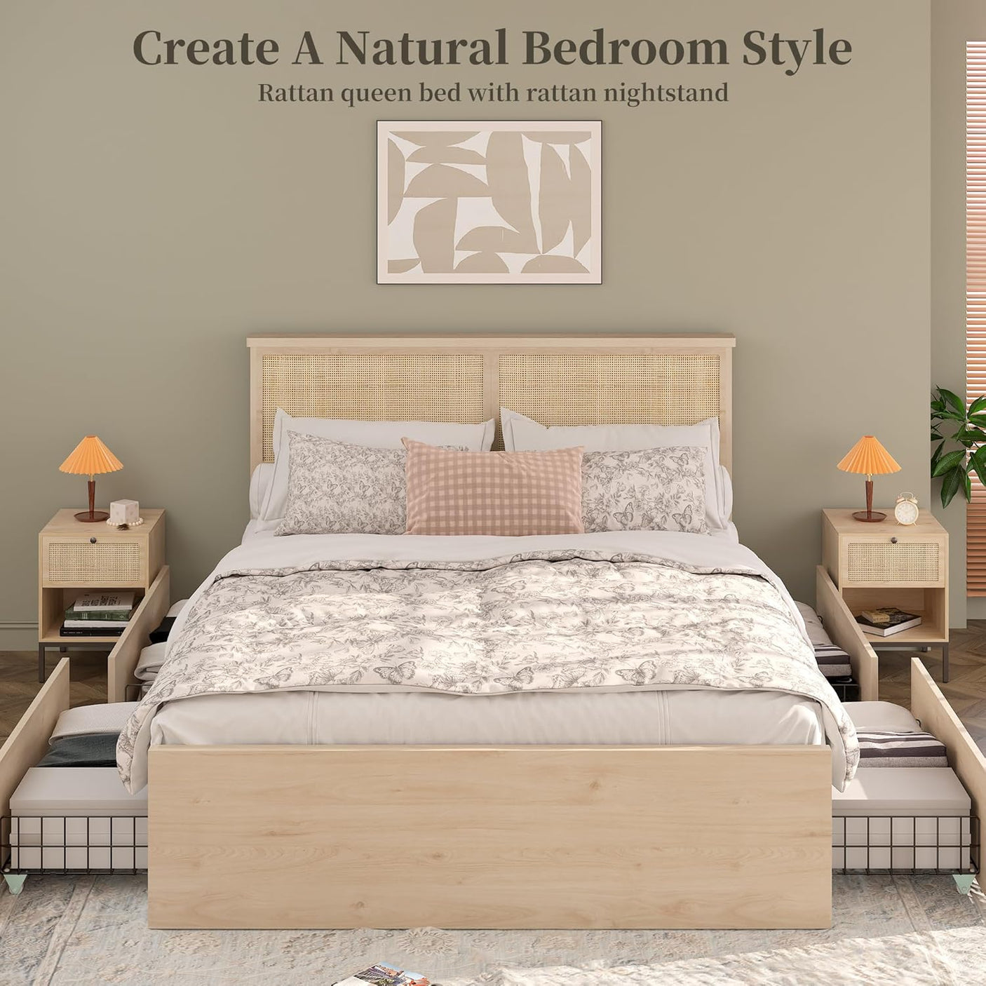 Boho Natural Rattan Headboard Bed Frame with 4 Drawers