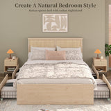Boho Natural Rattan Headboard Bed Frame with 4 Drawers