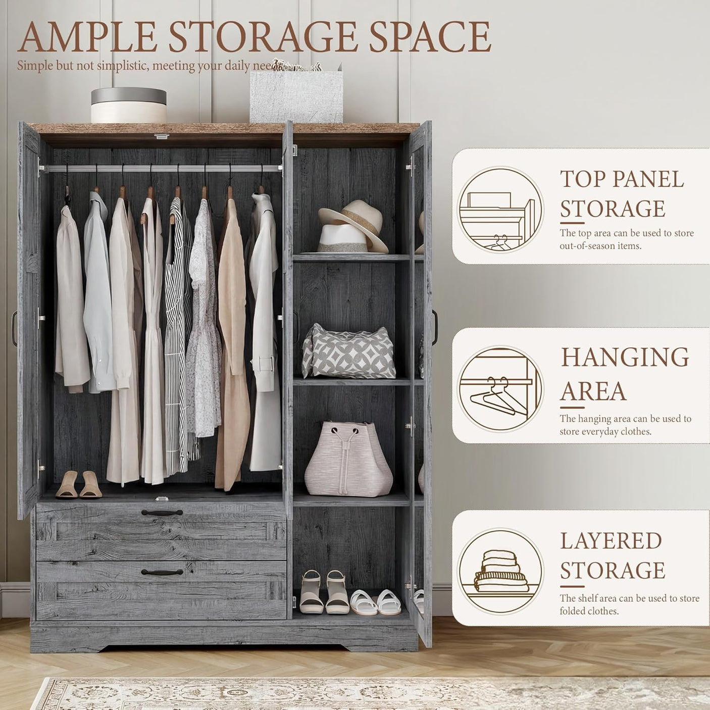 Yechen 3-Door Wooden Wardrobe Closet with Mirror, Drawers & Shelves, Farmhouse Armoire for Bedroom