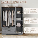 Yechen 3-Door Wooden Wardrobe Closet with Mirror, Drawers & Shelves, Farmhouse Armoire for Bedroom