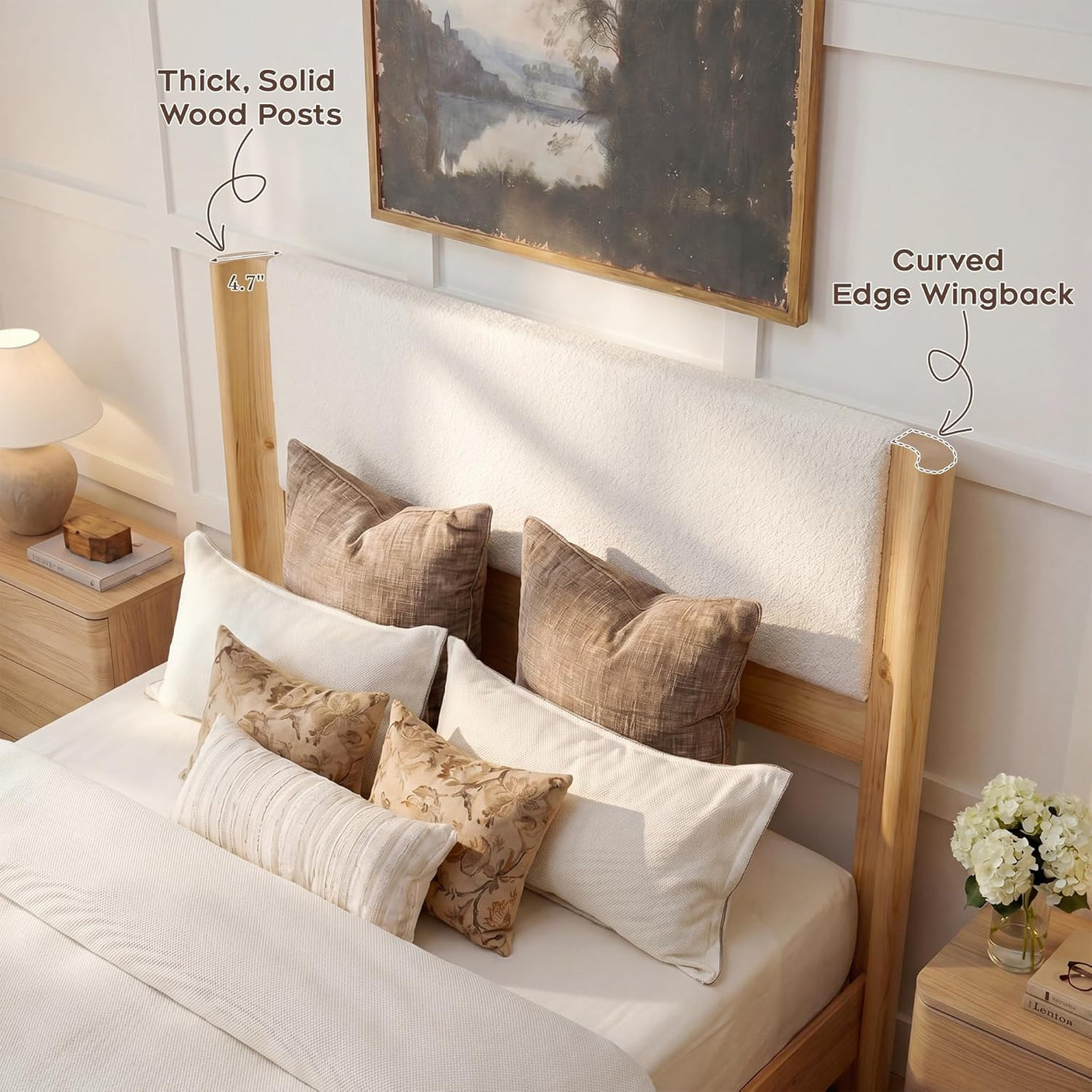 Yechen Wingback Bed Frame | Boucle & Solid Pine | Queen | No Box Spring | Off White