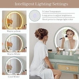 Vanity Desk Set with LED Mirror and Stool, 31" Boho Rattan Makeup Vanity Table, 3-Mode Lighted Mirror, 4 Drawers, Mint, Space-Saving for Bedroom