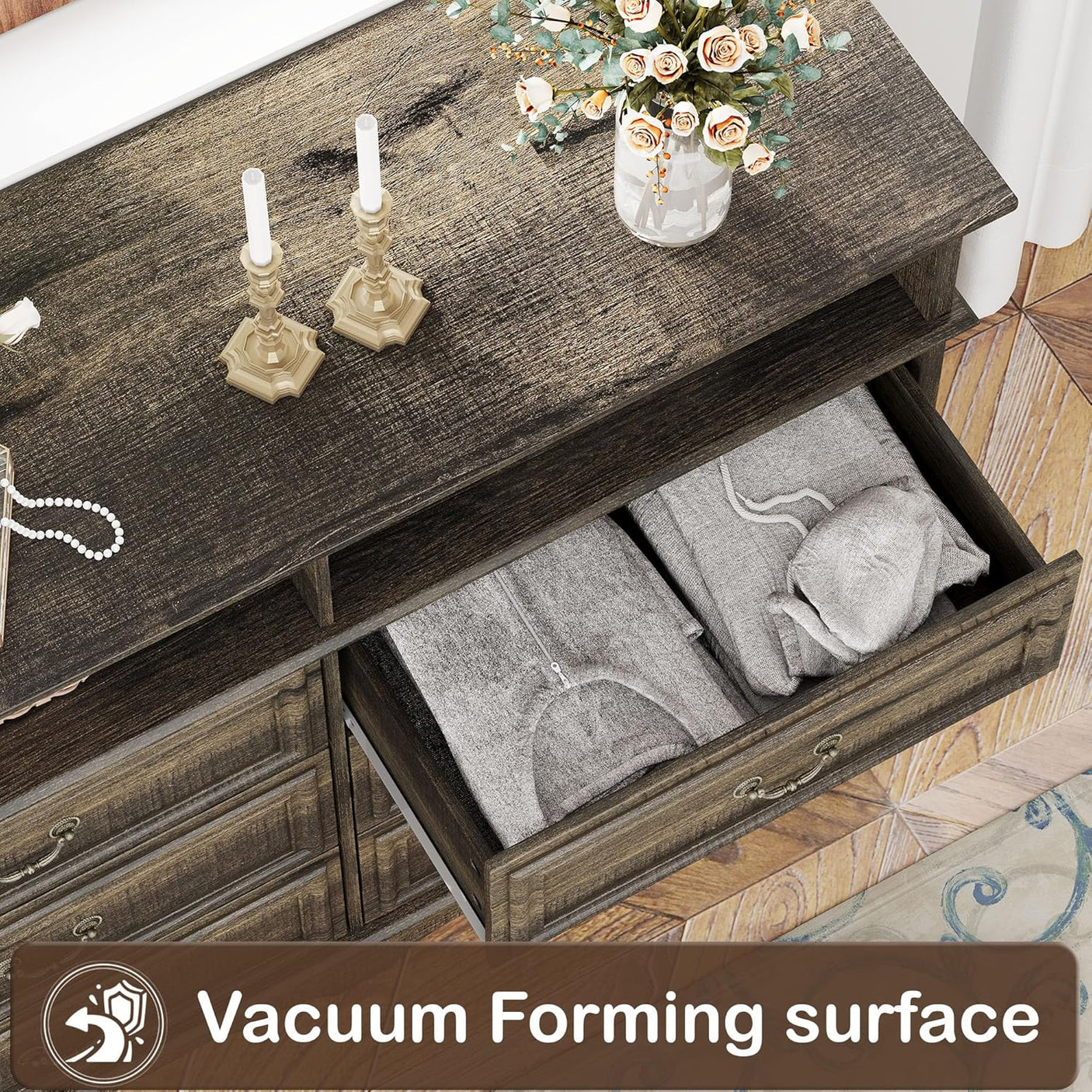 Rustic 6 Drawer Open Shelves Dresser