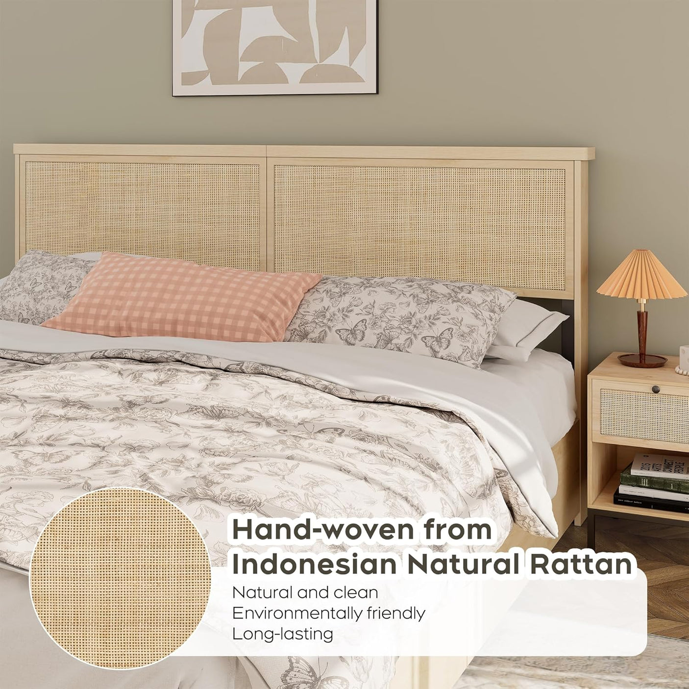 Boho Natural Rattan Headboard Bed Frame with 4 Drawers
