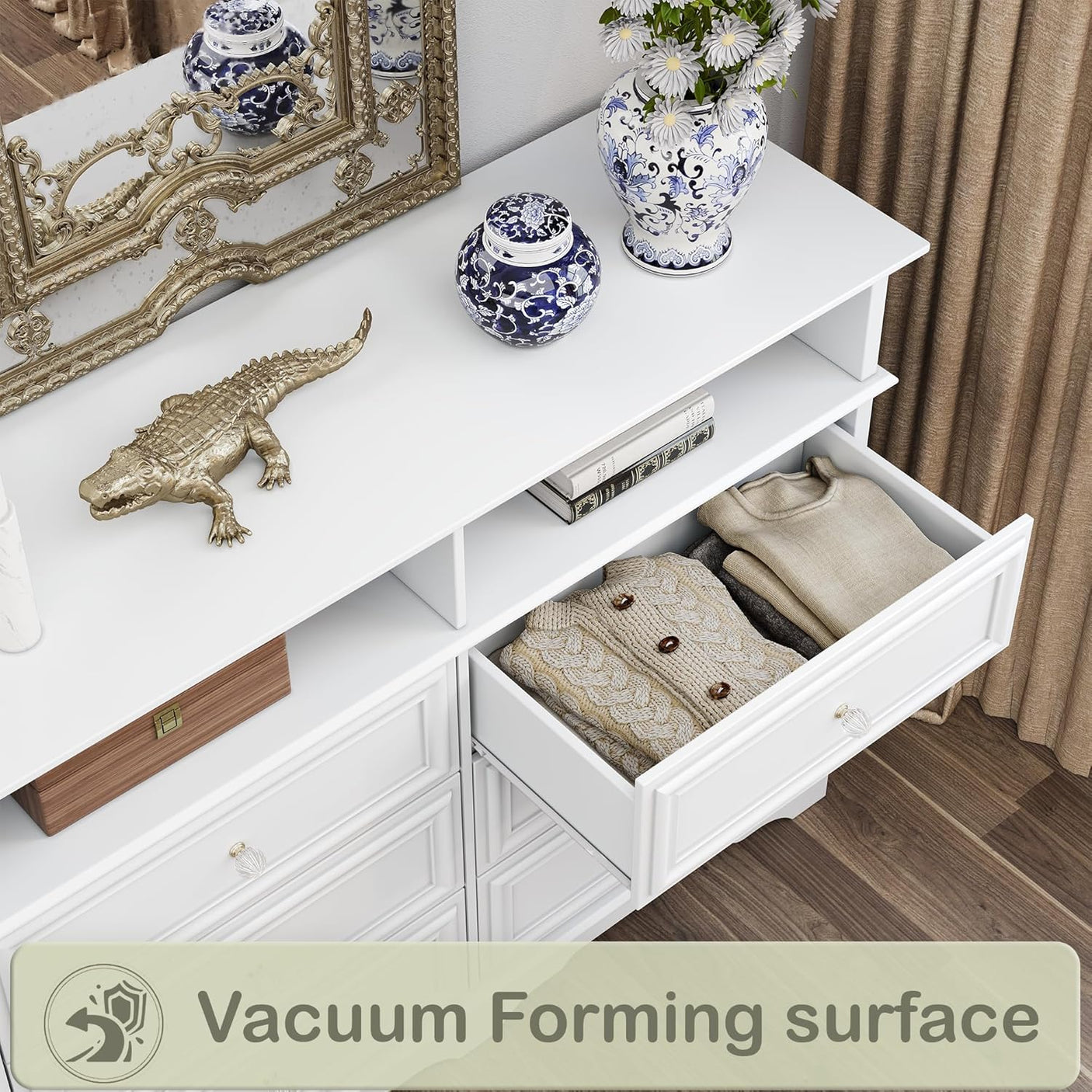 Rustic 6 Drawer Open Shelves Dresser