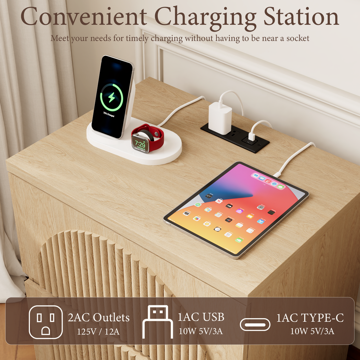 Yechen Fluted Nightstand with Charging Station | Arched Reeded Bedside Table, Natural