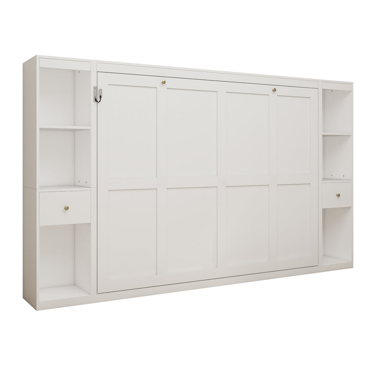 Queen Horizontal Murphy Bed with Storage Cabinets – White