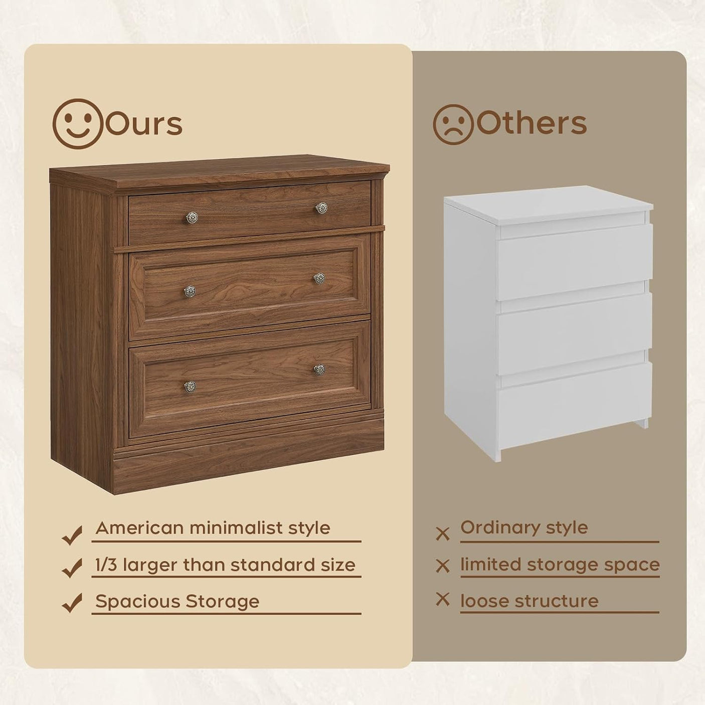 31.5" Oversized Nightstand with 3 Drawers | Light Oak, Ivory White & Walnut