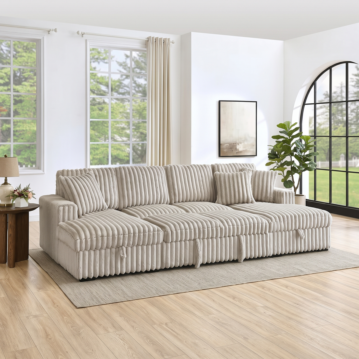 122'' U-Shaped Corduroy Sectional Sofa with Sleeper Bed & Storage Chaise