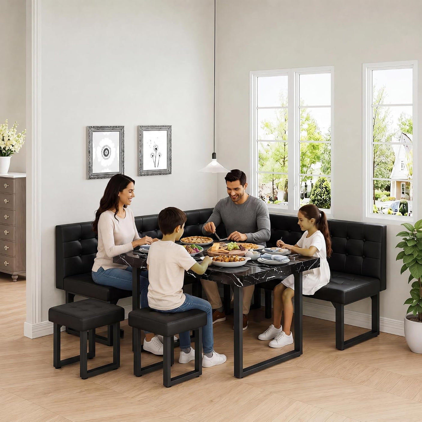 72" Corner Breakfast Nook Set | 5-Piece Dining Set with Storage Bench | Modern Black