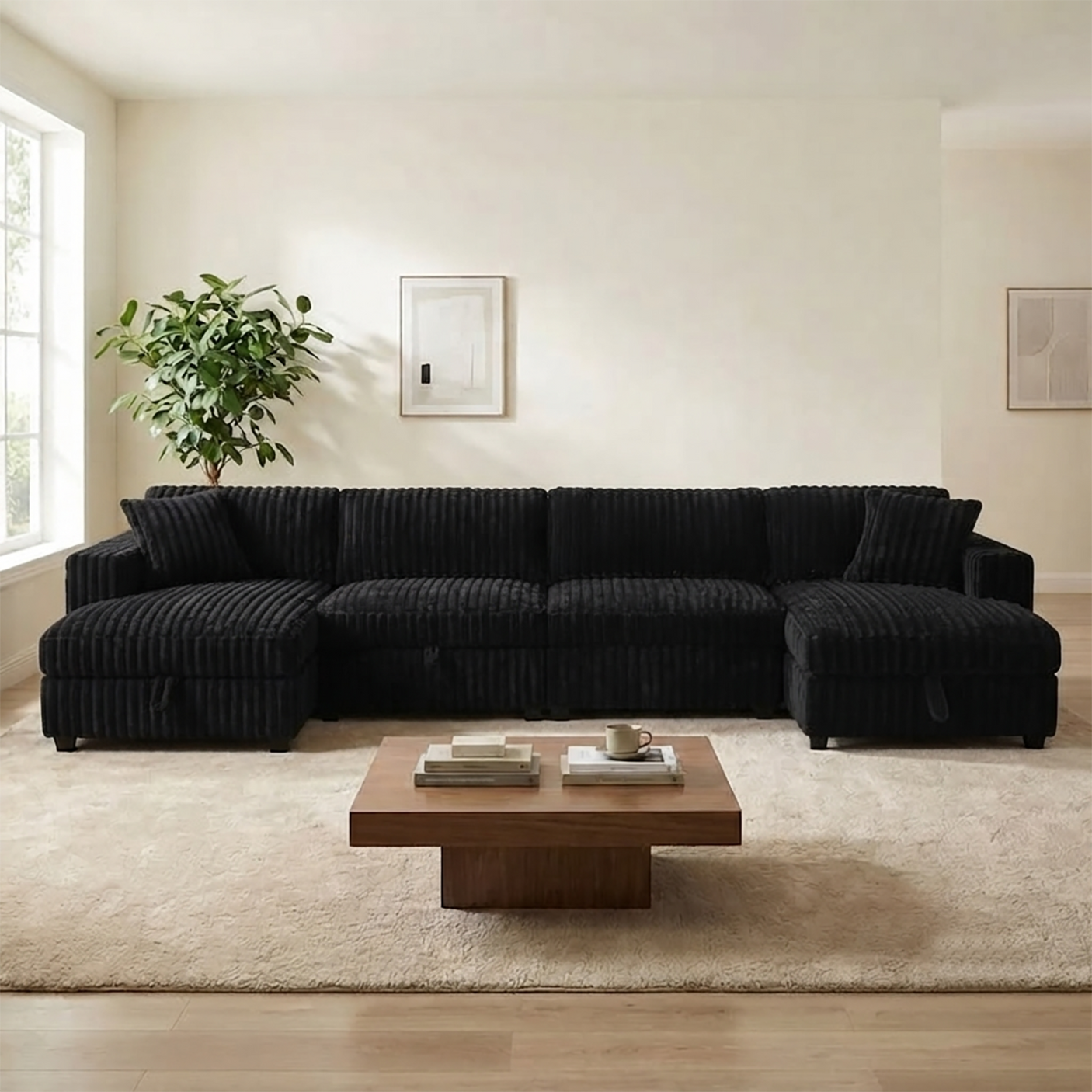 122'' U-Shaped Corduroy Sectional Sofa with Sleeper Bed & Storage Chaise