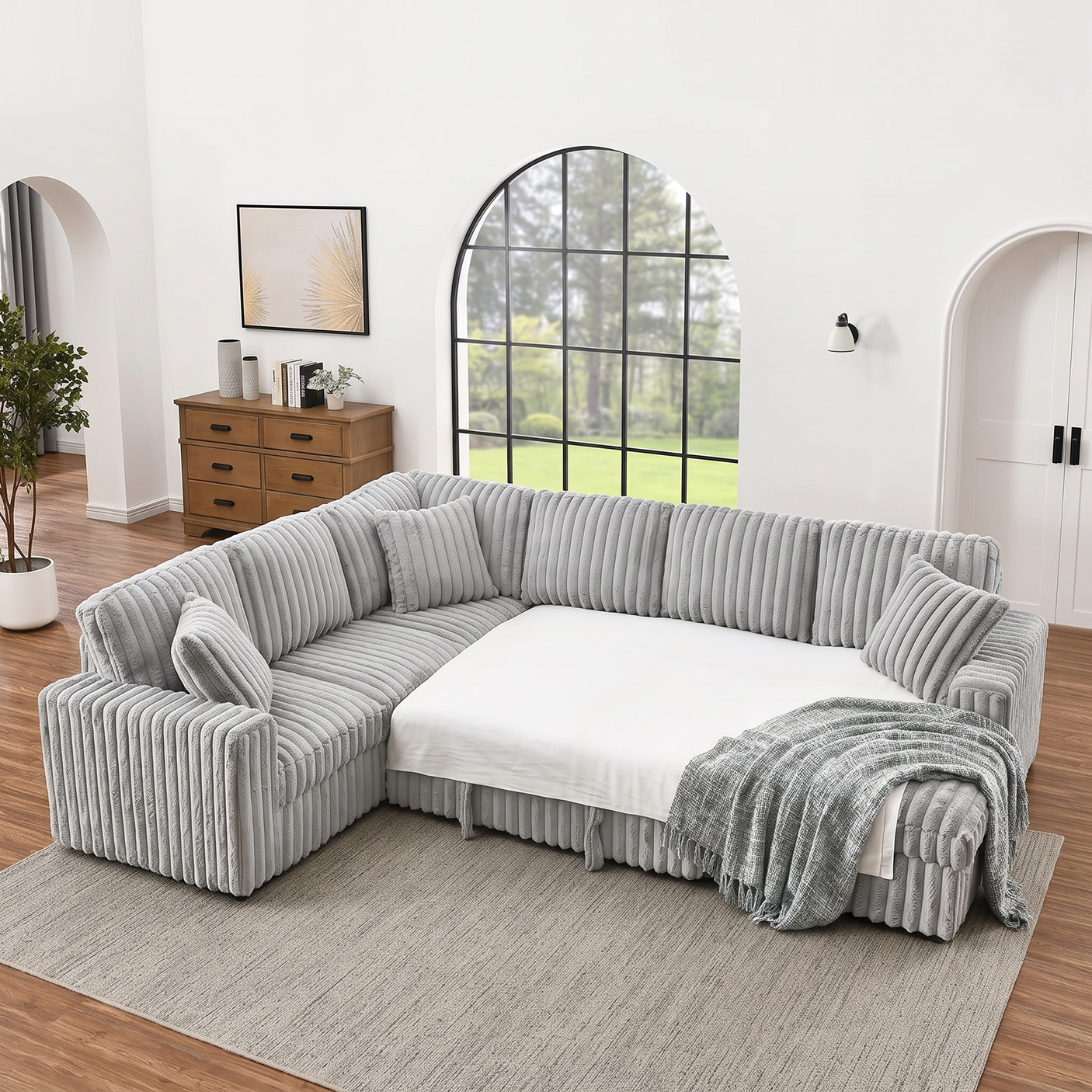 122'' U-Shaped Corduroy Sectional Sofa with Sleeper Bed & Storage Chaise