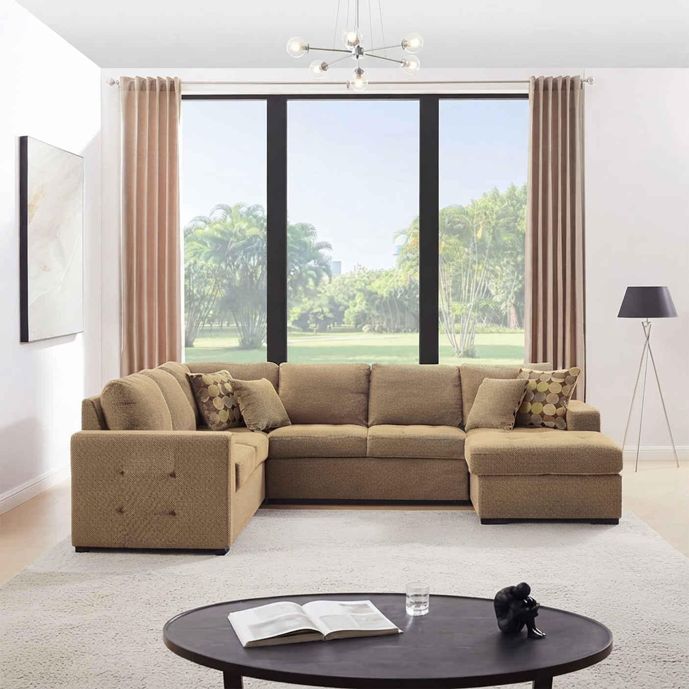 Yechen 123" U-Shaped Sectional Sleeper Sofa with Pull-Out Bed & Storage Chaise, 6-Seater