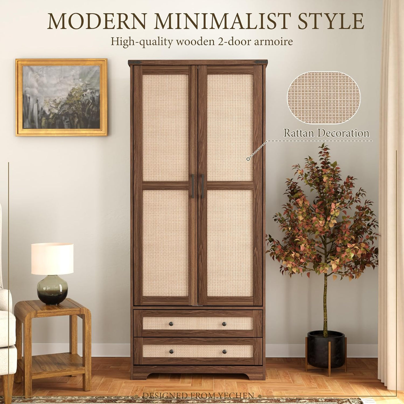 Yechen Walnut Wooden Wardrobe Closet with Rattan Doors, Drawers & Shelves | Farmhouse Armoire for Bedroom