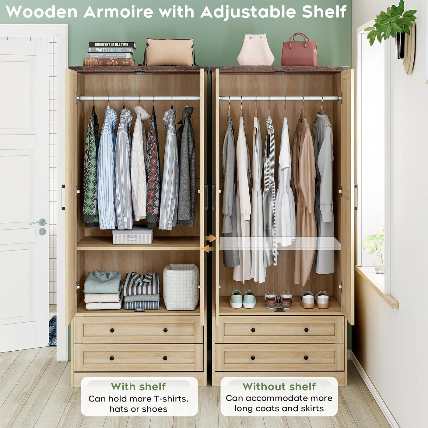 YECHEN 71" Modern Armoire Wardrobe: All-in-One Storage with 2 Drawers & Adjustable Shelves