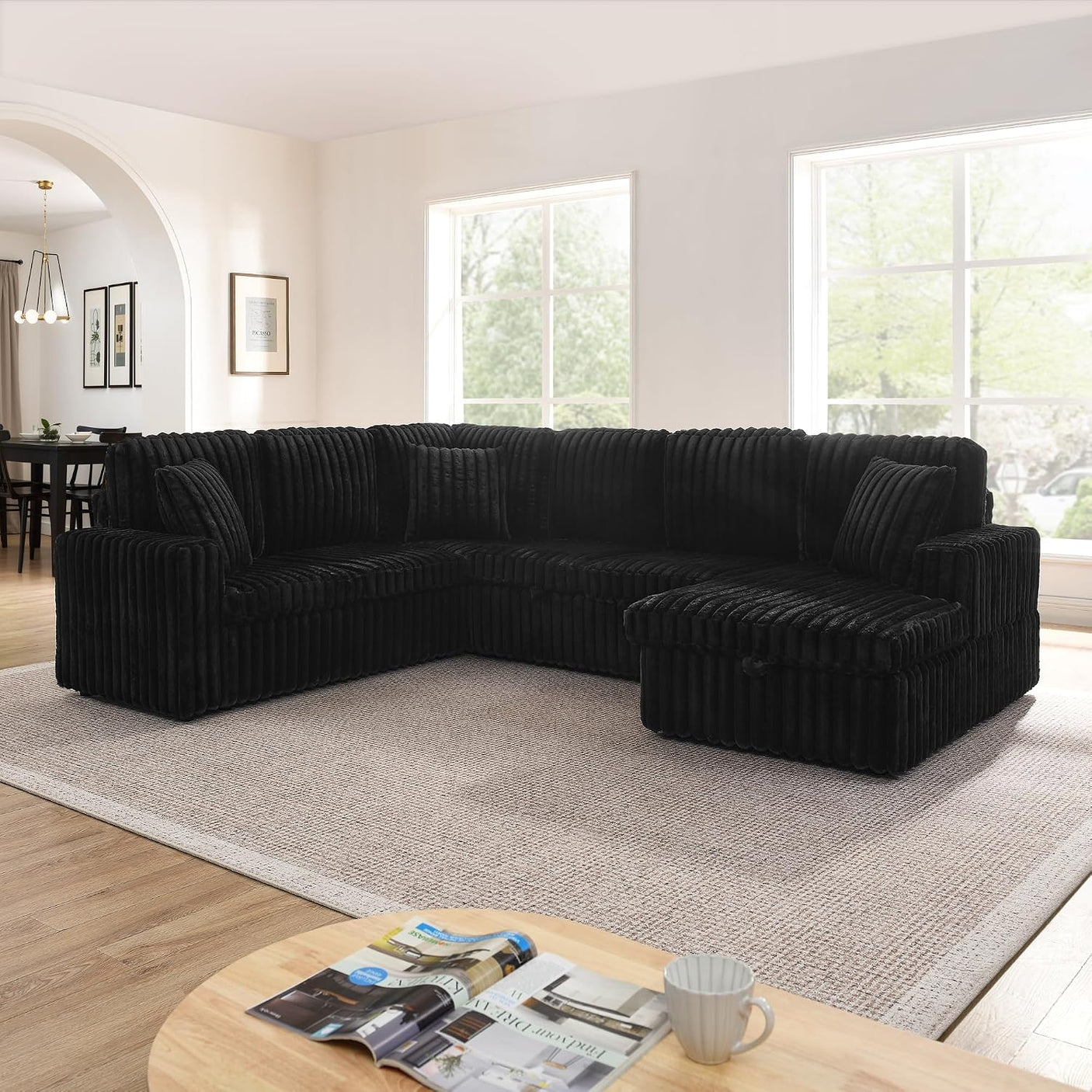 114" U-Shaped Sectional Sofa with Pull-Out Bed, Storage Chaise & USB Ports | Plush Corduroy, Seats 7
