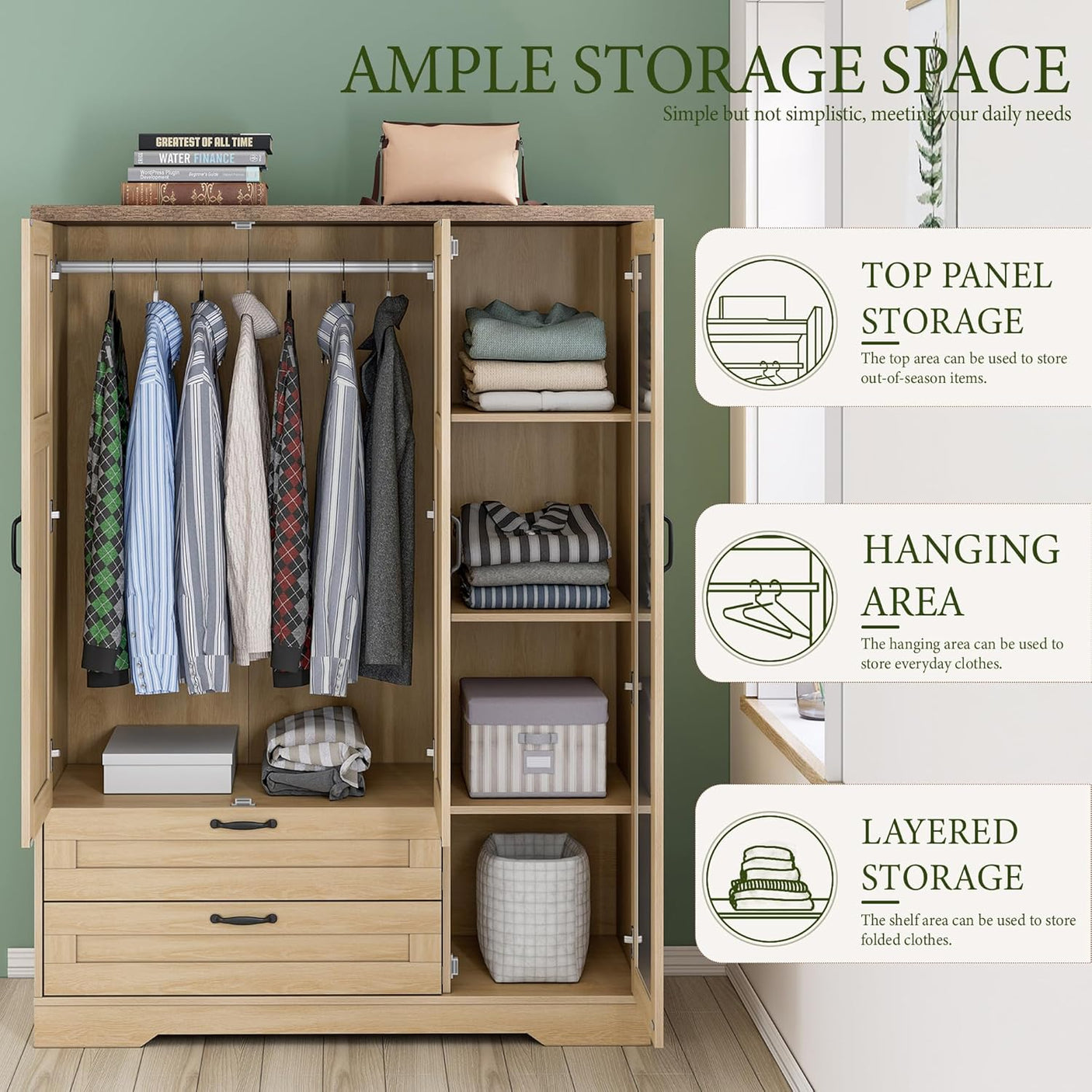 Yechen 3-Door Wooden Wardrobe Closet with Mirror, Drawers & Shelves, Farmhouse Armoire for Bedroom