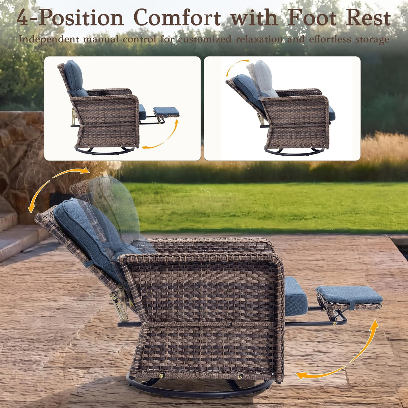 Outdoor Swivel Chair Set | PE Wicker Patio Conversation Set with Cushions | Blue
