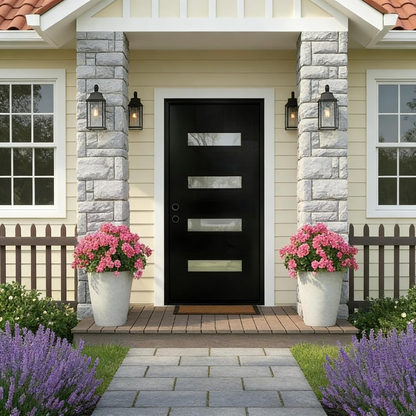 [Slab Only] 36" x 80" Fiberglass Front Door, Contemporary Modern Exterior Door, Frosted Glass Privacy Panel, Pre-Primed Black, Right Hand Inswing (Frame Not Included)