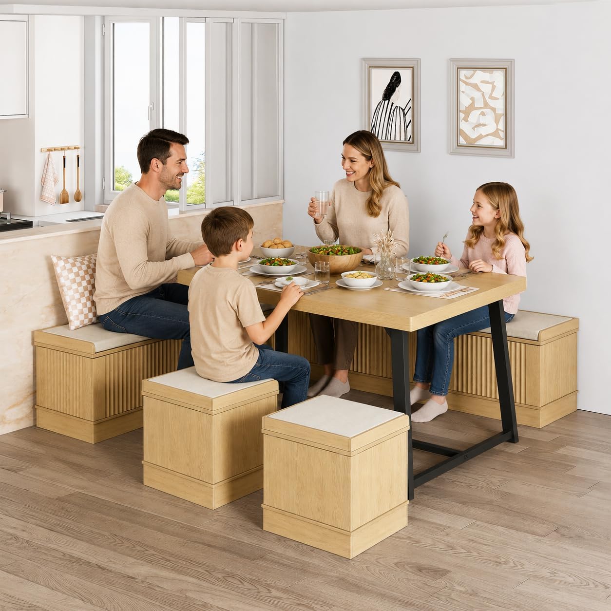 47 Inch Corner Dining Table Set with Storage Stool and Storage Bench