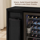 Rattan Coffee Bar Cabinet with Mini Fridge Space - Boho Sideboard with Wine Storage