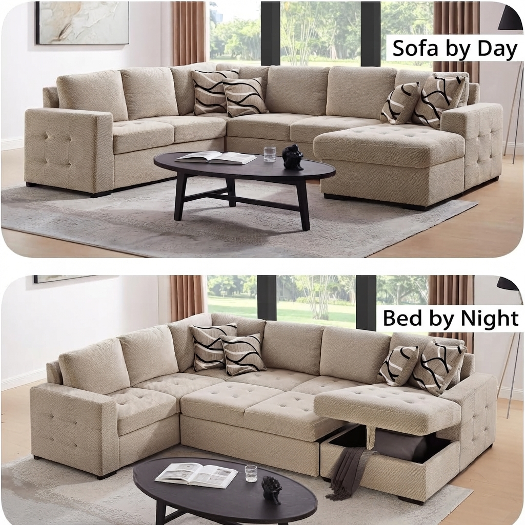 Yechen 123" U-Shaped Sectional Sleeper Sofa with Pull-Out Bed & Storage Chaise, 6-Seater