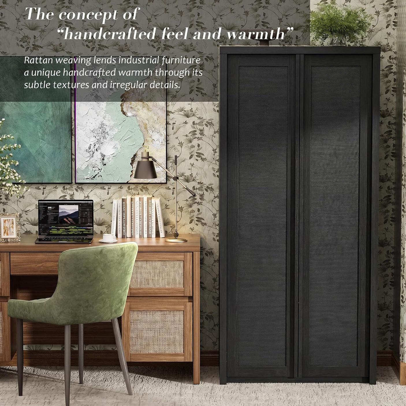 Yechen 67" Tall Rattan Kitchen Pantry Cabinet – Solid Wood Handle, Soft-Close Hinges, Adjustable Shelves, Dark Black