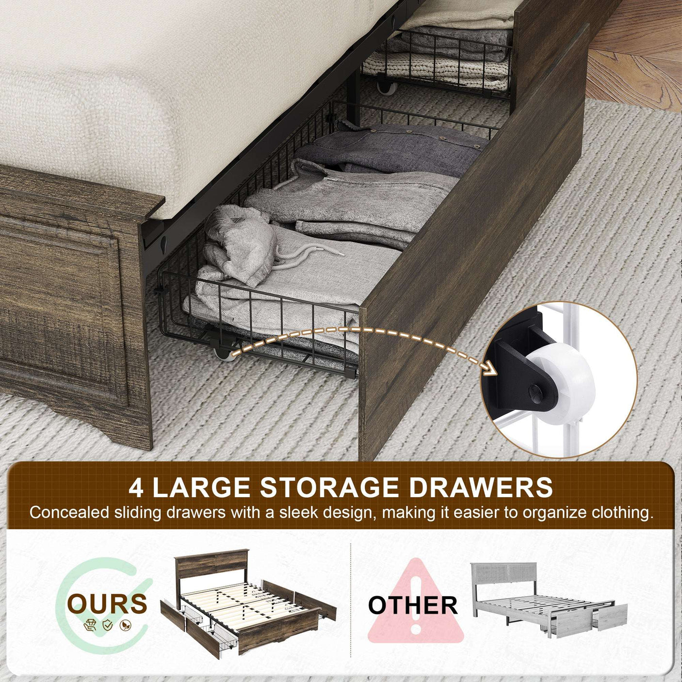 Farmhouse Queen Size Bed Frame with 4 Storage Drawers