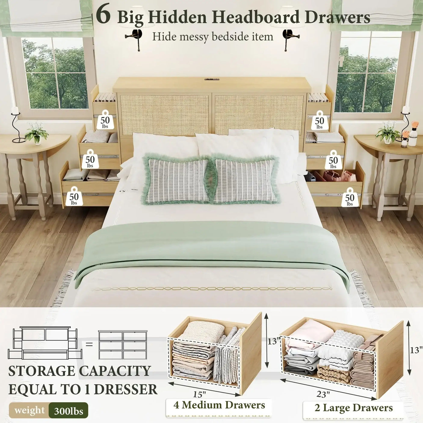 Boho Rattan Queen Beds Frame with Charging Station Headboard